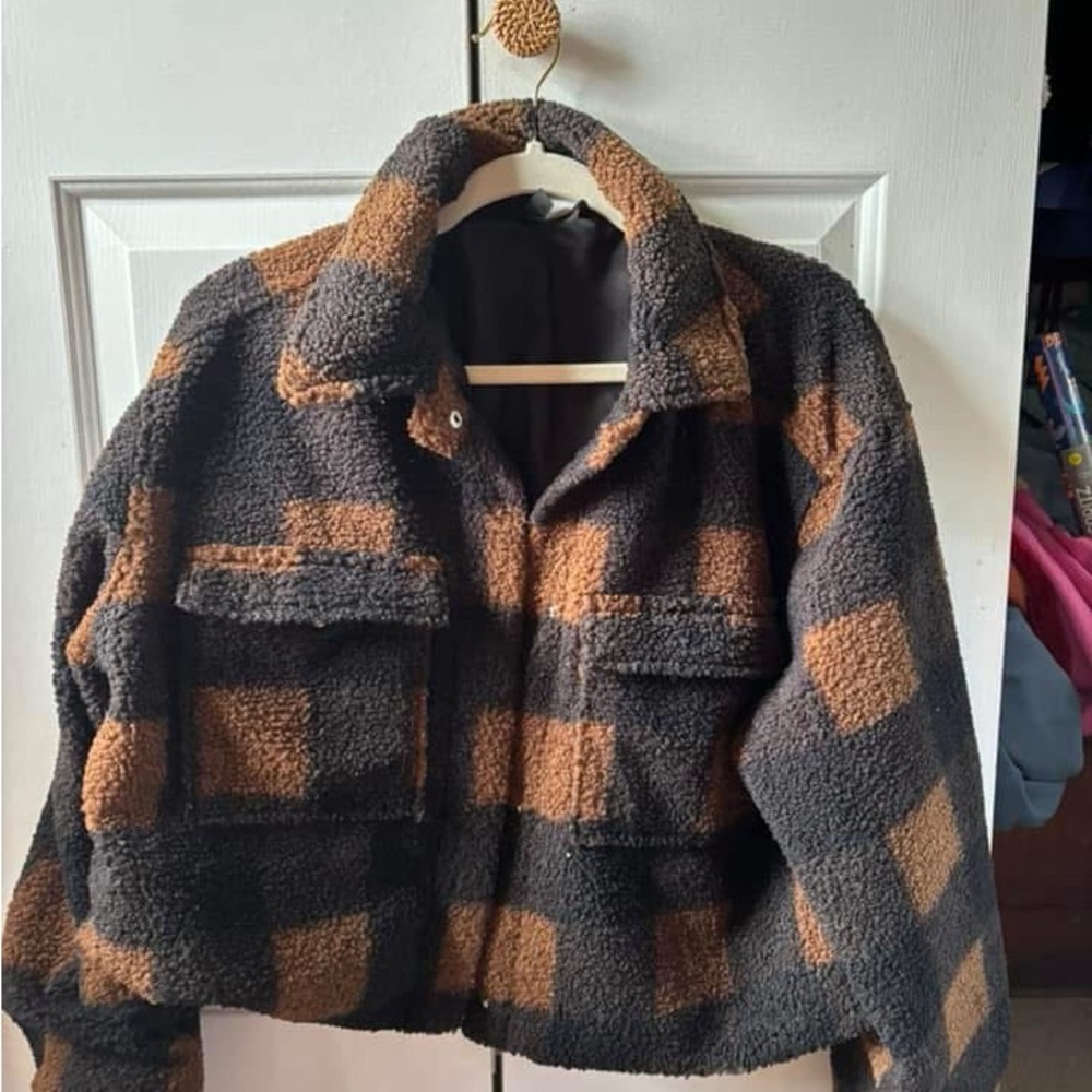 Divided Checkered Bomber Jacket - Black and Brown